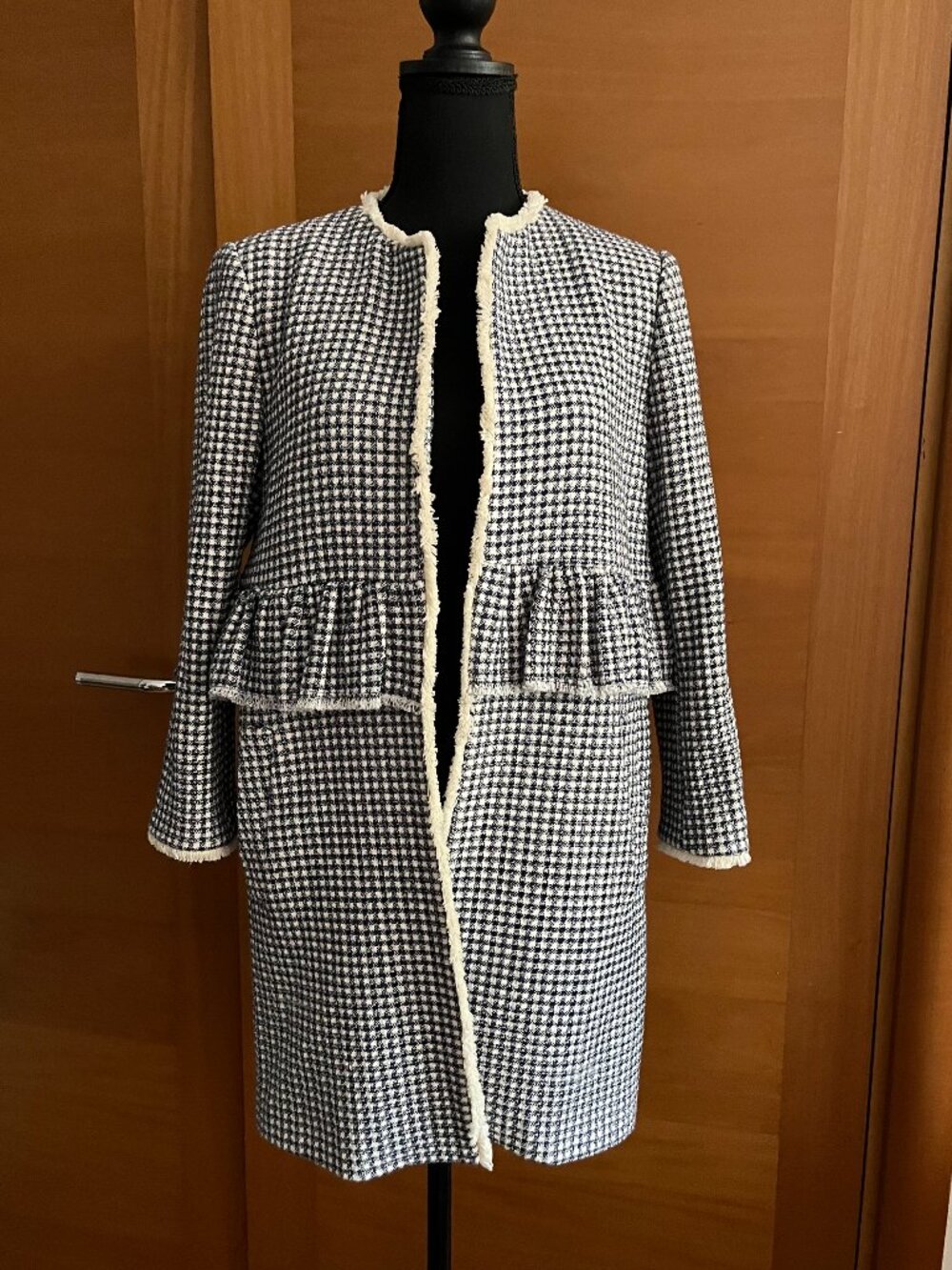 Zara Houndstooth Blazer Jacket in Navy and Cream Gingham Cotton Tweed Med NWT